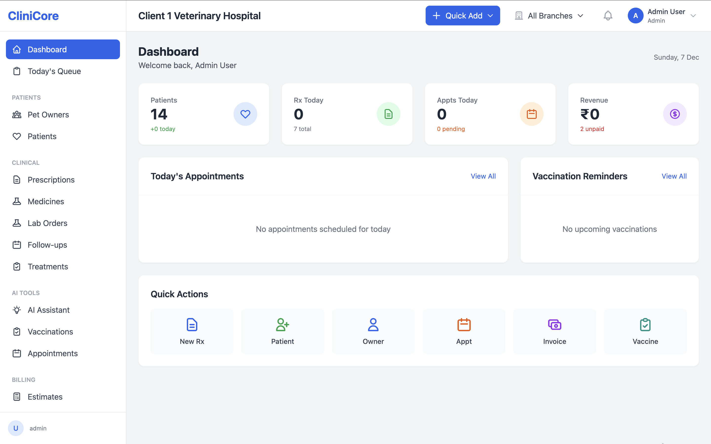 CliniCore dashboard showing patient queue, today's appointments, and revenue overview