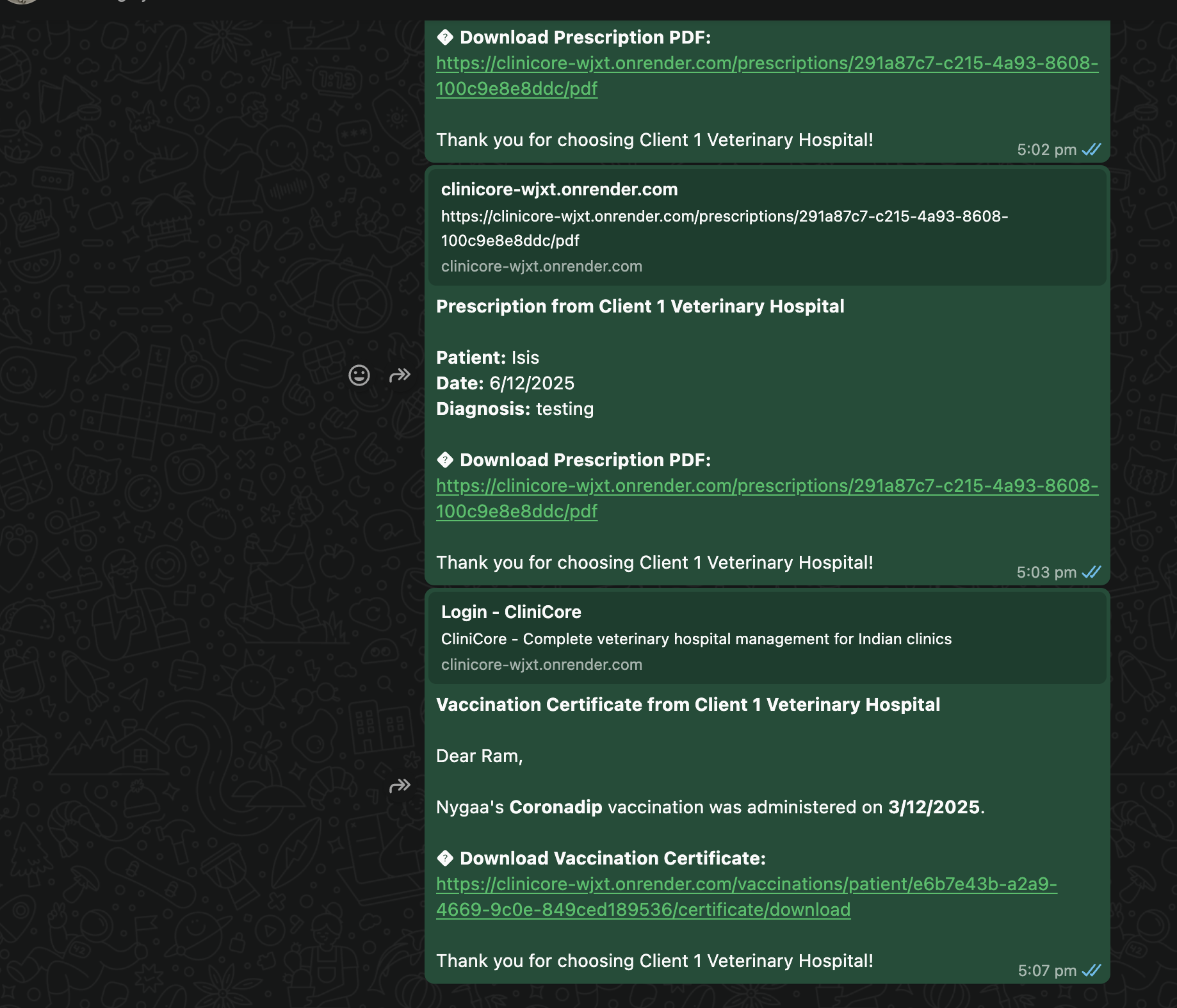 CliniCore sending prescription via WhatsApp to pet owner